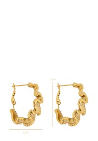 Guld hoopsøreringen med en bølget design. Hver ørering måler 3 cm i diameter og 2 cm i tykkelse, og har en poleret overflade.