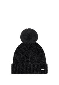 Berretto di maglia nera con una texture a coste, dotato di un soffice pom pom sulla sommità e un orlo piegato con un piccolo etichetta logo.