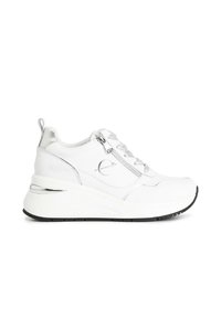 White leather sneakers with silver accents, a chunky sole, lace and zipper closure, and textured detailing on the midsole. Black rubber outsole.