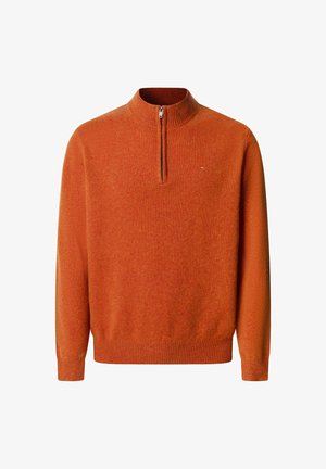 Pomarańczowy dzianinowy sweter z wysokim kołnierzem i zamkiem błyskawicznym na pół długości. Posiada ściągacze przy mankietach i dolnym końcu oraz dyskretną logo na klatce piersiowej. Miękka tekstura.