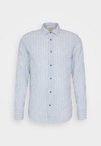 Camisa de manga larga a rayas azul y blanca con botones en la parte delantera, cuello y botones azules. Presenta una pequeña etiqueta de la marca en el lateral.