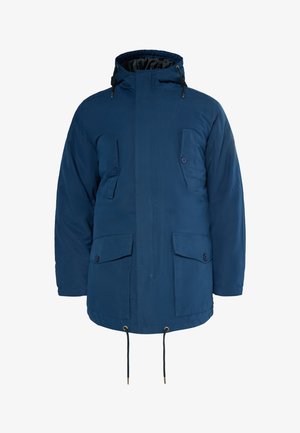 Granatowa ocieplana kurtka z kapturem, dwoma przednimi kieszeniami na patkę, regulowanym sznurkiem u dołu oraz złotymi akcentami.