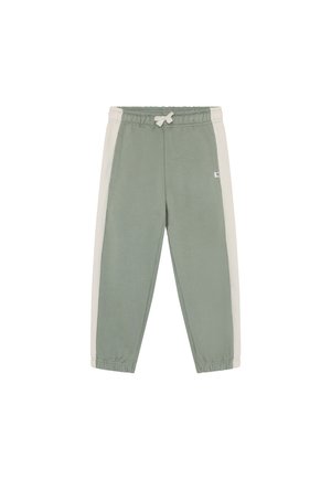 Groene joggingbroek met lichtgrijze zijpanelen, elastische tailleband en boorden. De stof lijkt zacht met een gladde textuur. Klein logo op de voorkant.