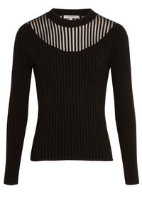 Pull noir côtelé à manches longues, avec un empiècement transparent rayé. Confectionné dans un tissu doux et extensible. Encolure ronde.