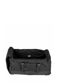 Grande borsa a duffel nera aperta per mostrare il vasto scomparto principale con tasca con zip, manici per il trasporto e tracolla su sfondo bianco.