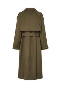 Oliwkowy płaszcz trench z podwójnym zapięciem, szerokim kołnierzem i paskiem. Posiada długie rękawy oraz długość do połowy uda.