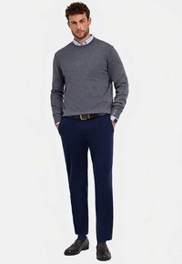 Grijze trui met een ronde hals over een lichtblauw overhemd, gecombineerd met donkerblauwe broek. Bruine leren riem en schoenen maken de look compleet.