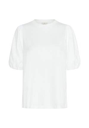 Bijela pamučna majica s okruglim izrezom i puf rukavima. Glatka tekstura s opuštenim krojem i bez vidljivih uzoraka ili detalja.