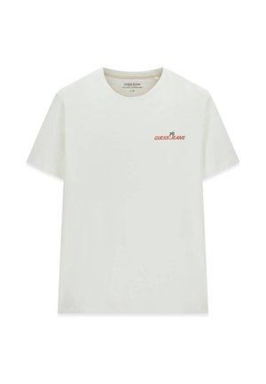 T-shirt bianca a maniche corte con scollo rotondo, con piccola scritta "GUESS JEANS" e logo di palma verde sul lato sinistro del petto.