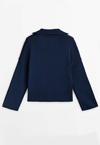 Marineblauer gestrickter Pullover, cropped Design, weite Ärmel, gerippter Saum und Bündchen, mit klassischem Kragen und strukturierter Stoffoberfläche.