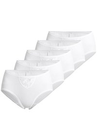 Weiße Baumwollslips im Fünferpack, mit Spitzenakzenten am vorderen Bund und glatten elastischen Taillenbändern. Klassisches Design mit voller Abdeckung.