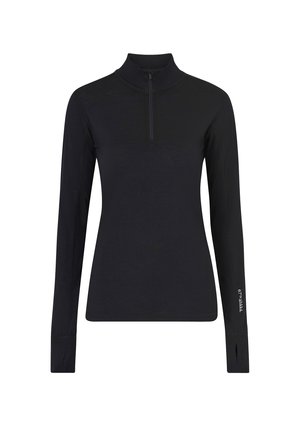 Czarna, długosleeve'owa koszulka sportowa z zamkiem przy kołnierzu i otworami na kciuki. Charakteryzuje się eleganckim, dopasowanym krojem oraz subtelnym logo na rękawie.