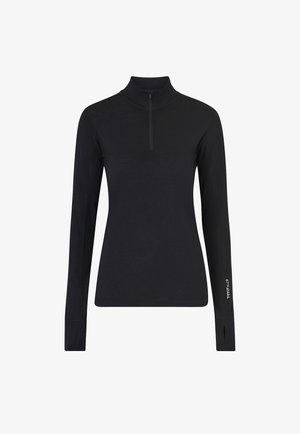 Czarna, długosleeve'owa koszulka sportowa z zamkiem przy kołnierzu i otworami na kciuki. Charakteryzuje się eleganckim, dopasowanym krojem oraz subtelnym logo na rękawie.