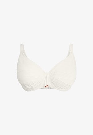 Bílá podprsenka s texturovanou tkaninou, s plisovanými detaily, nastavitelnými ramínky a růžově zlatým zapínáním ve středu.