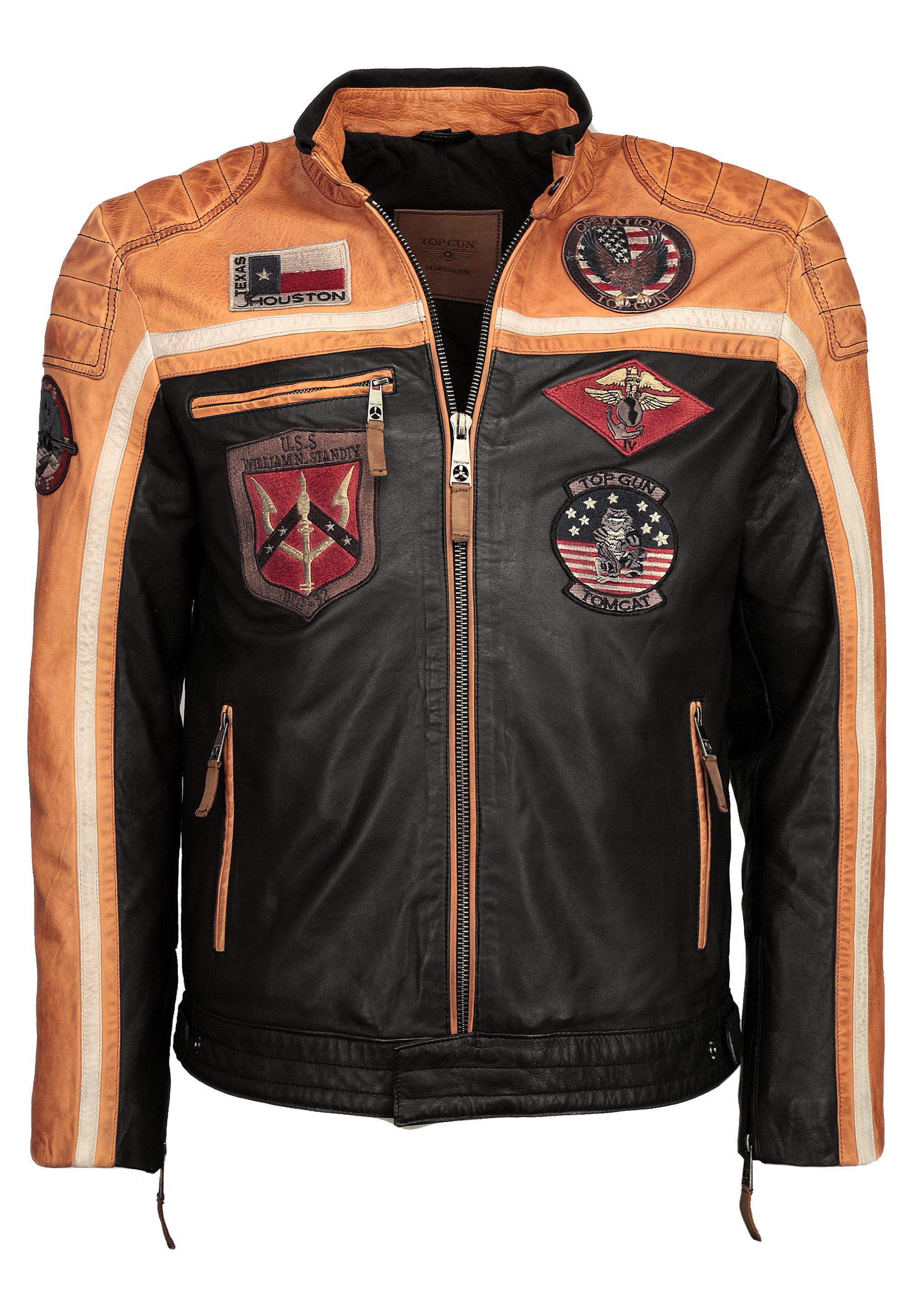 black orange leather jacket