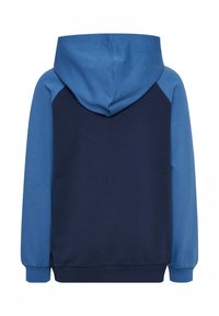 Kapuzenpullover aus einer Mischung von dunkelblauem und hellblauem Material, mit kontrastierenden Ärmeln und einem strukturierten Stoff auf der Rückseite.