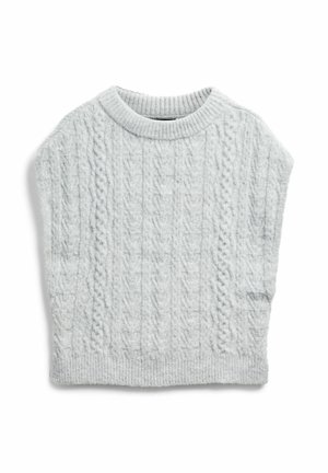 Pullover a maglia a trecce di colore grigio chiaro, con colletto a girocollo a coste e maniche corte, realizzato in un materiale morbido e testurizzato.