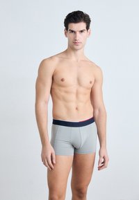 Boxer briefs grigi con elastico blu navy con strisce rosse e bianche, realizzati in un materiale liscio ed elastico, design aderente.