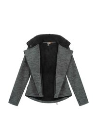 Grå fleecefodrad jacka med sjalkrage, framdragkedja och två sidofickor. Har en texturerad utsida och kontrasterande svart foder.