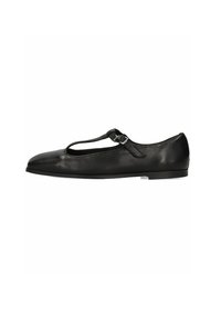 Ballerine in pelle nera con punta tonda, design a T con fibbia e suola piatta. Texture liscia con decorazioni minime.