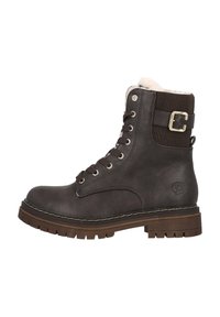 Brown leather lace-up ankle boot with a textured textile upper, cushioned lining, and a metallic buckle detail on the side. Rubber sole.