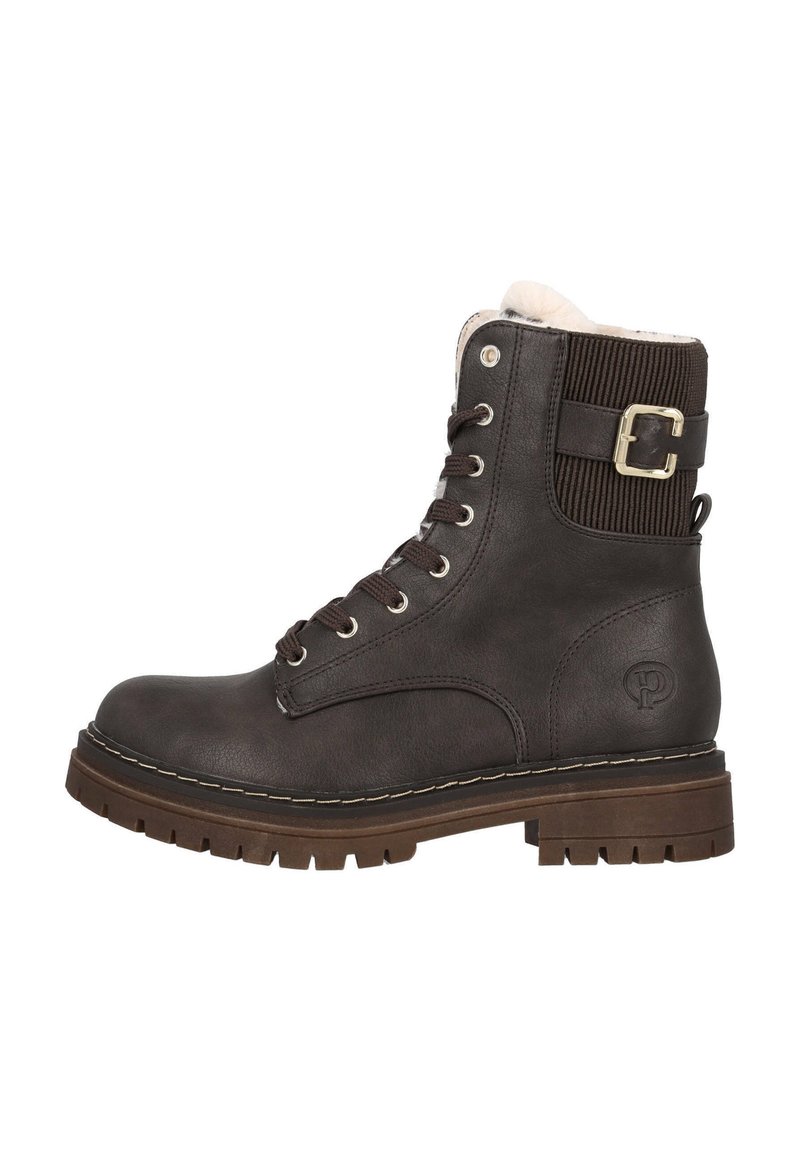 Brown leather lace-up ankle boot with a textured textile upper, cushioned lining, and a metallic buckle detail on the side. Rubber sole.