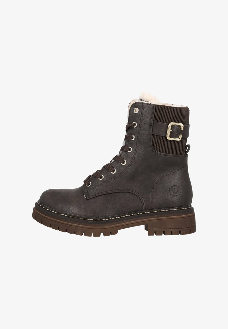 Brown leather lace-up ankle boot with a textured textile upper, cushioned lining, and a metallic buckle detail on the side. Rubber sole.