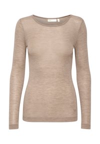 Top beige a maniche lunghe realizzato in tessuto leggero. Presenta un collo rotondo e una silhouette aderente con dettagli di cucitura minimi.