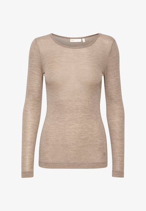 Top beige à manches longues en tissu léger. Présente un col rond et une silhouette ajustée avec des détails de couture minimaux.