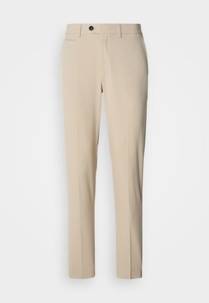 Pantaloni beige su misura con tessuto morbido, taglio dritto, tasche anteriori, una tasca posteriore e chiusura con bottone.