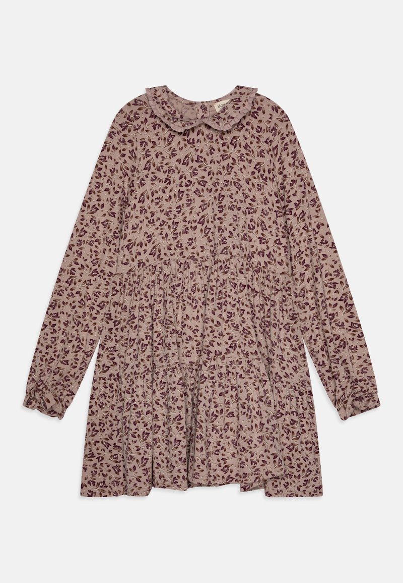 Μακριά μανίκια φόρεμα σε ανοιχτό μπεζ με floral μοτίβο σε μωβ και μπορντό. Διαθέτει στρογγυλή κολάρο και ραφές που συγκεντρώνονται στη μέση.