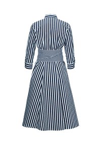 Navy und weiß gestreiftes Kleid mit tailliertem Schnitt, Kragen und Dreiviertelärmeln. Verfügt über einen ausgestellten Rock und Rückenfalten.
