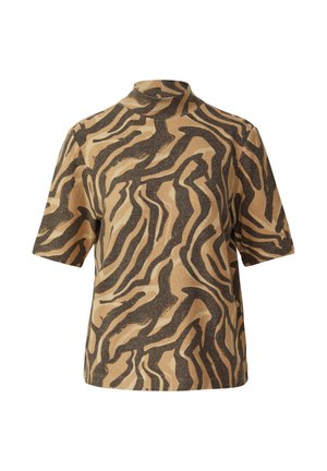 Korte mouwen, hoge kraag top in een tan en zwart zebra patroon. Gemaakt van zachte stof met een relaxed fit en een gestructureerde oppervlakte.