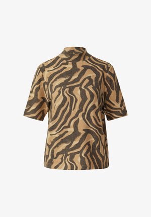 Korte mouwen, hoge kraag top in een tan en zwart zebra patroon. Gemaakt van zachte stof met een relaxed fit en een gestructureerde oppervlakte.