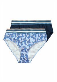 Twee paar damesondergoed: het ene effen marineblauw, het andere lichtblauw met wolkenpatronen. Beide hebben contrasterende gestreepte elastische taillebanden.