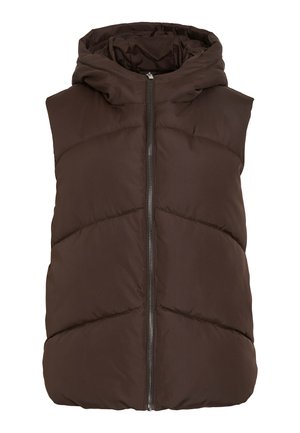 Veste sans manches marron matelassée avec capuche, dotée d'une fermeture éclair à l'avant et d'un motif de couture en chevrons. Tissu lisse et isolant avec une texture douce.