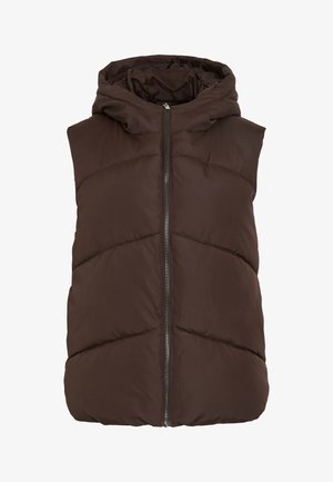 Veste sans manches marron matelassée avec capuche, dotée d'une fermeture éclair à l'avant et d'un motif de couture en chevrons. Tissu lisse et isolant avec une texture douce.