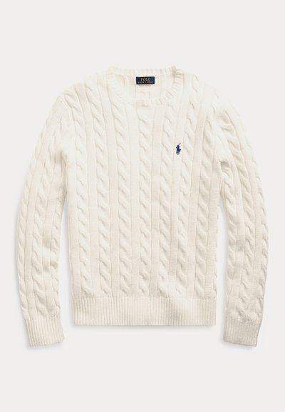Fehér, fonott mintás, hosszú ujjú pulóver, kerek nyakkivágással és kis sötétkék Polo Ralph Lauren logóval a bal mellrészen.