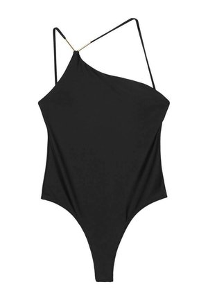 Schwarzer einteiliger Badeanzug mit einem schmalen Schulterträger, einem hochgeschnittenen Bein-Design und einer glatten Textur mit goldenen Akzenten.