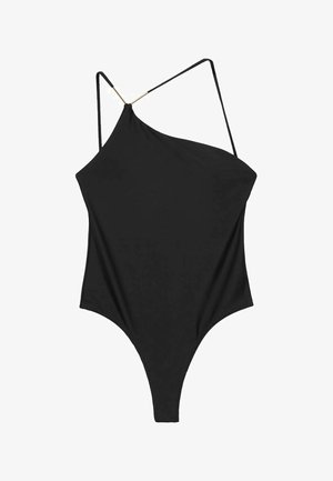 Schwarzer einteiliger Badeanzug mit einem schmalen Schulterträger, einem hochgeschnittenen Bein-Design und einer glatten Textur mit goldenen Akzenten.