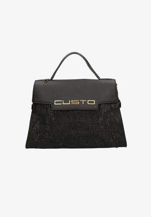 Borsa nera con un design strutturato, dotata di una parte superiore in pelle texturizzata e una base in tessuto con un motivo sottile. Accessori in oro.
