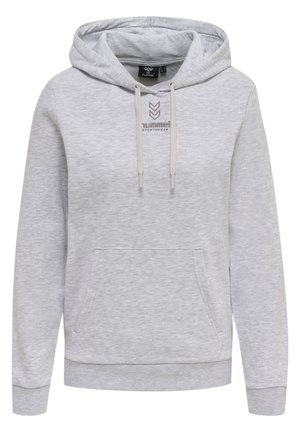 Lichtgrijze hoodie van zacht materiaal met een frontzak, een capuchon met trekkoord en een geborduurd logo op de borst.