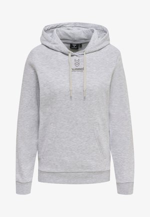 Lichtgrijze hoodie van zacht materiaal met een frontzak, een capuchon met trekkoord en een geborduurd logo op de borst.