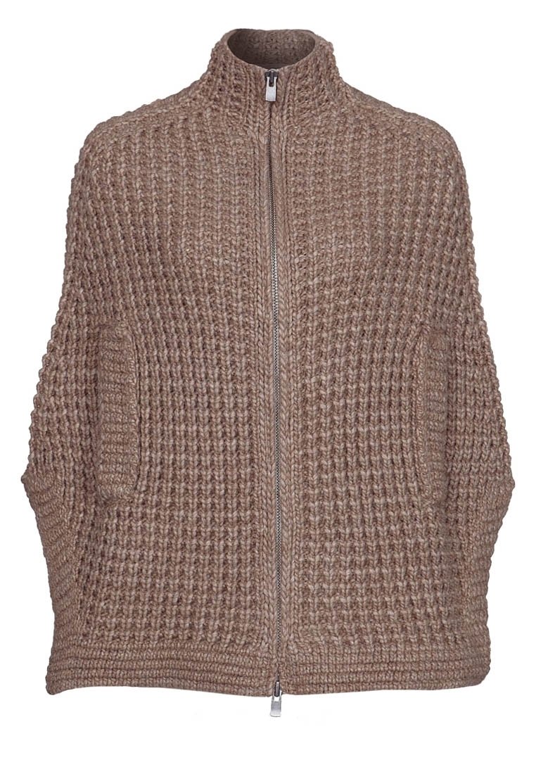 Cardigan a maglia marrone textured con colletto alto in zip, tasche laterali e maniche ampie. Offre una vestibilità comoda e rilassata.