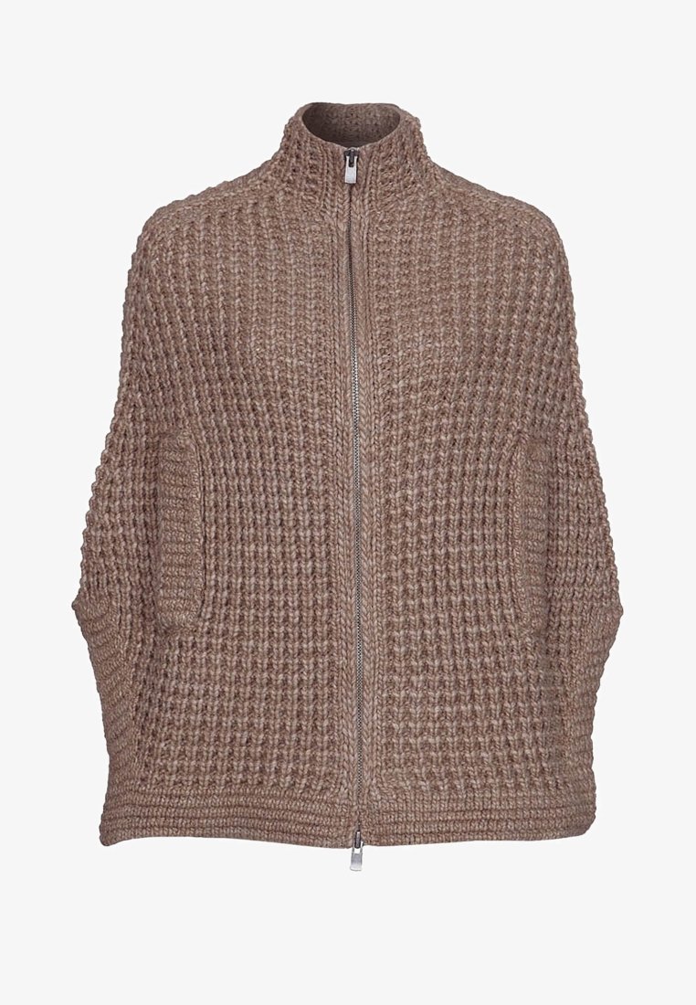 Textured brown knitted cardigan with high zipper collar, side pockets, and loose sleeves. Offers a cozy, relaxed fit.