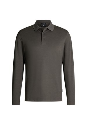 Langarm-Polo-Shirt in dunklem Olivgrün, aus glattem Stoff, mit Kragen, Dreiknopf-Blende und seitlichem Etikettendetail.