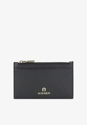 Black textured leather cardholder with gold zipper and Aigner logo on the front.