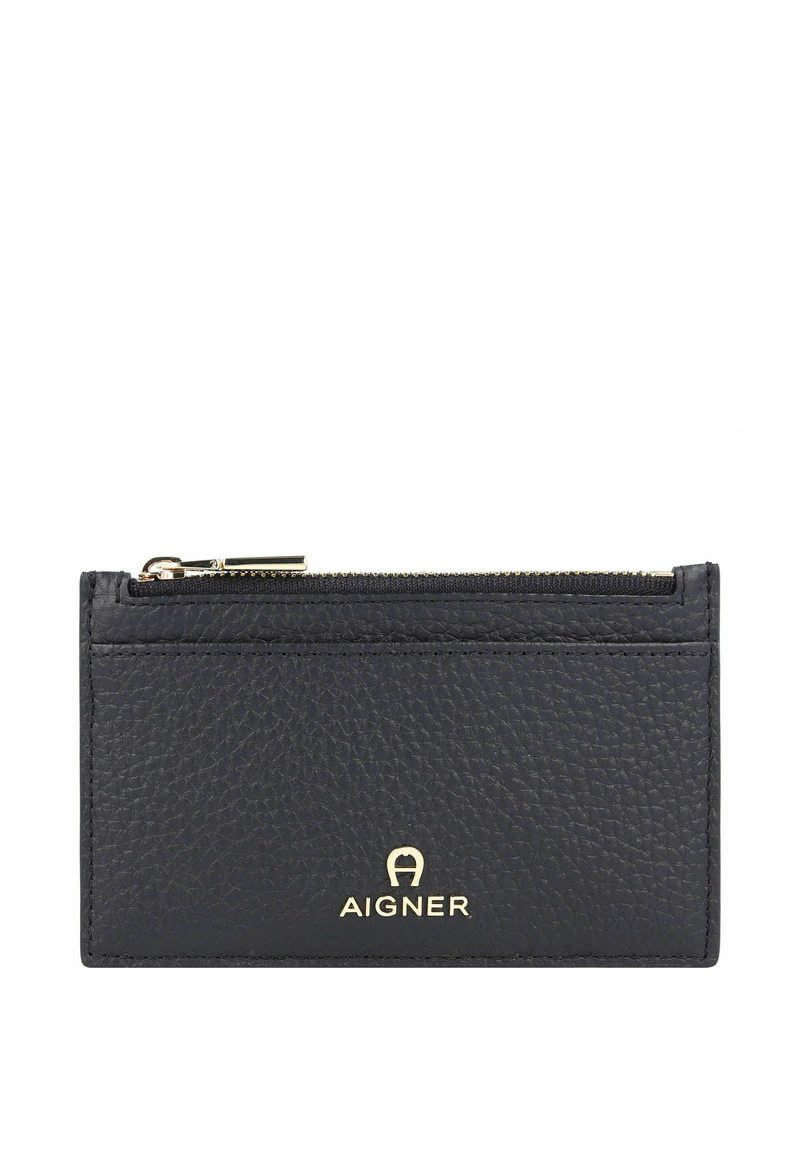 Zwarte getextureerde leren kaarthouder met gouden ritssluiting en Aigner-logo aan de voorkant.