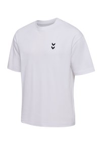 Vit t-shirt i bomull med rund hals, korta ärmar och tre svarta chevronformer tryckta på vänster bröst.
