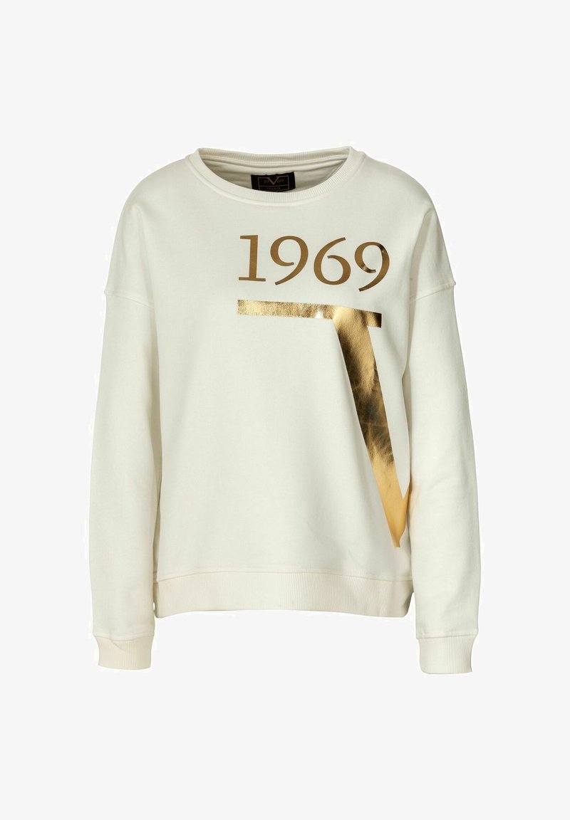 Sweat-shirt blanc à manches longues avec impression en feuille d'or "1969" et grand "V" sur le devant, poignets et ourlet côtelés, col rond.